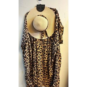 Rachel Zoe Women's 2-Pc Set Straw Sun Hat Bow + Kimono Leopard Print One Size